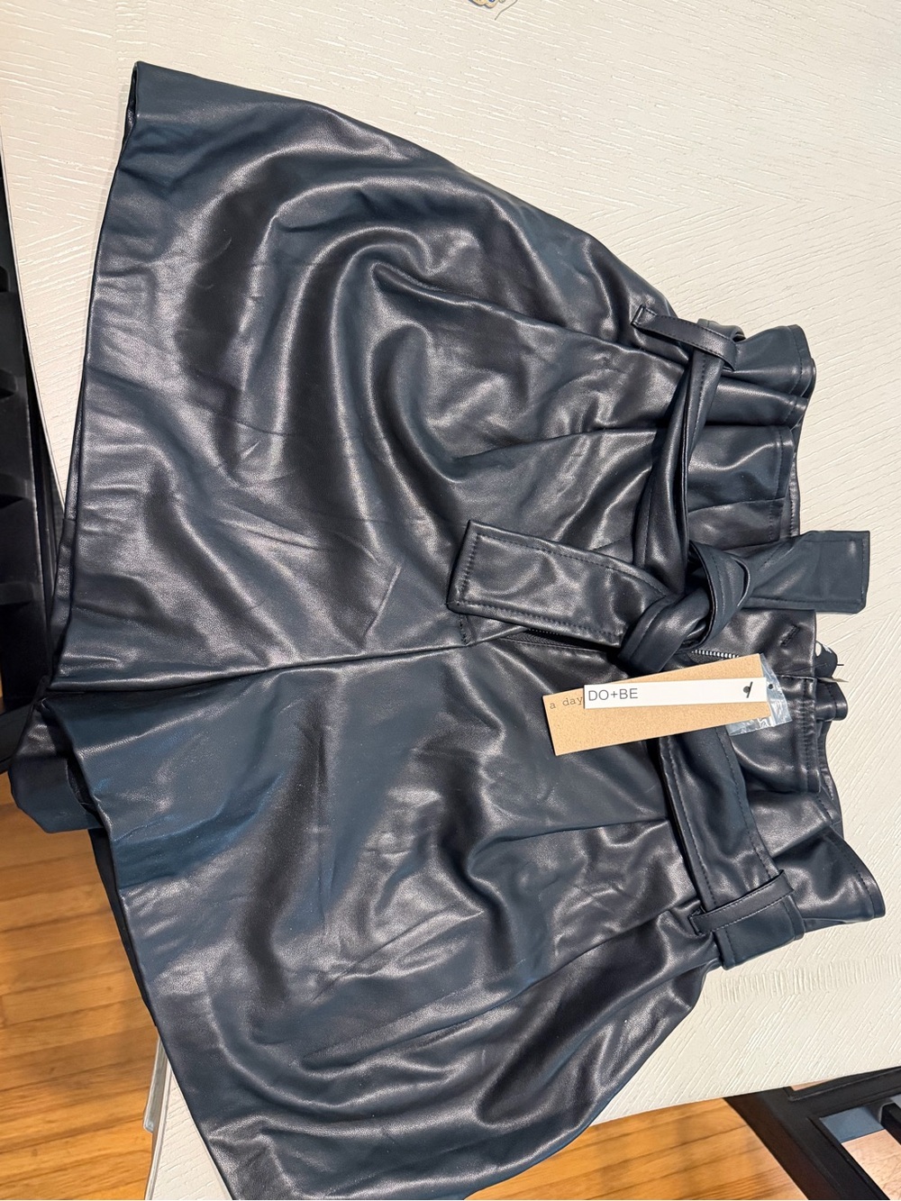 DO+BE Black Faux Leather Paperbag Waist Shorts with Tie